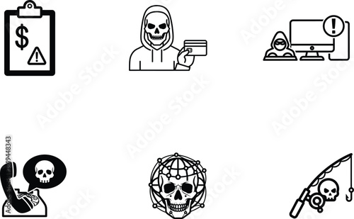 Cybercrime and online scam concept with skulls and symbols  warning signs and fraud elements