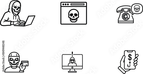 Cybercrime and online security threat icons with skulls and hackers  online safety concept