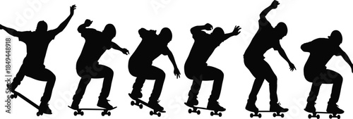 Skateboarder Performing Flip Trick Sequence Silhouettes, Dynamic Action Poses Capturing Movement and Extreme Sport, Youth Culture and Street Lifestyle Design Elements, Vector Illustration