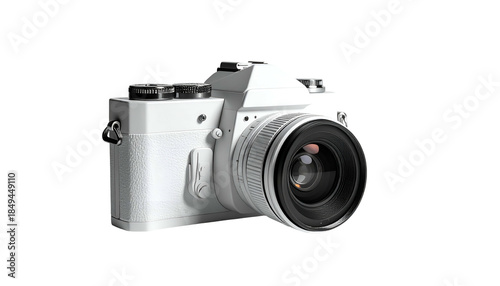 A white digital camera is shown isolated on a black background, angled towards the viewer