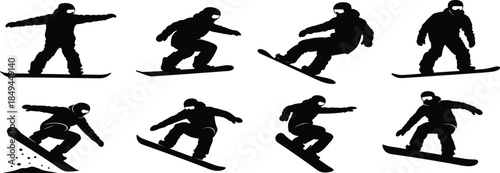 Snowboarder silhouette sequence showing freestyle jump motion, winter sports action, extreme snowboarding tricks isolated on white background studio vector illustration