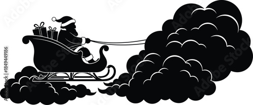 Silhouette of santa claus in his sleigh pulled by reindeer through dark clouds