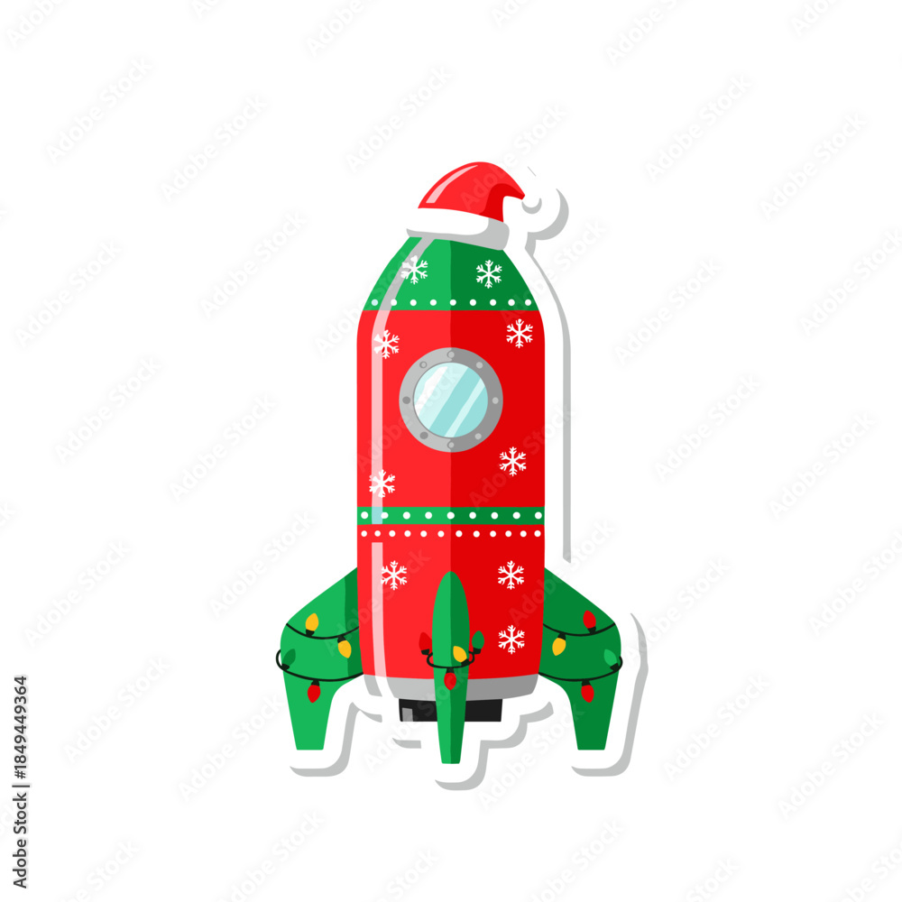 Naklejka premium Christmas Rocket Sticker with Santa Hat and Festive Decorations.