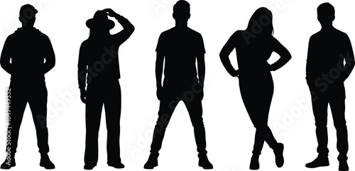 Standing male silhouettes, posture variation, fashion style, confident stance, hoodie figure, crossed arms, urban attitude, minimal vector, black shadow art