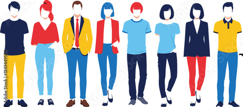 Standing people illustration, diverse clothing styles, casual and professional outfits, colorful character design, flat vector art, fashion diversity, inclusion