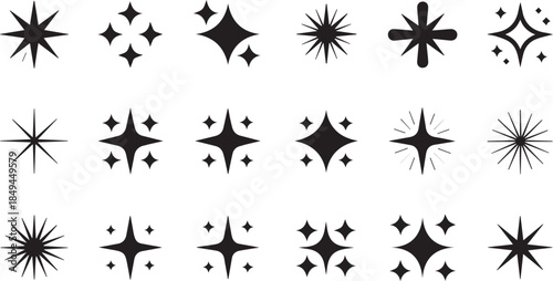 Black Sparkle Icon Set – 16 Stylized Star Symbols for Light, Shine, and Magical Effects in Design