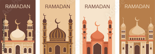 Ramadan Kareem Vertical Bookmarks Featuring Mosque Silhouettes with Crescent Moon Domes in Warm Brown Beige Gradient Tones and Traditional Islamic Architecture