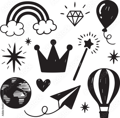 Whimsical Doodle Icon Set – Rainbow, Diamond, Balloon, Stars, Globe, Wand, Crown, and More