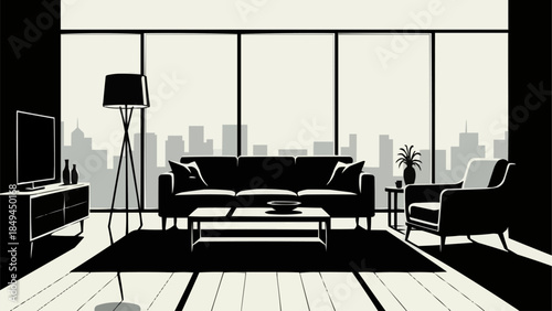 Modern Living Room with City View and Furniture.
