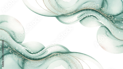 An ethereal watercolor background featuring soft, wavy lines and abstract shapes in shades of green and gold on a white canvas