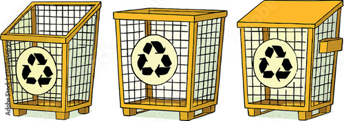 Three Recycling Bins with Recycle Symbols on Front