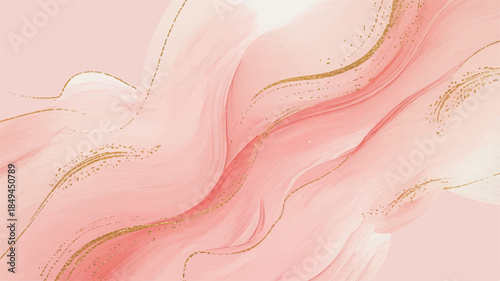 An ethereal watercolor background design featuring soft pink hues and gold accents in an abstract artistic composition