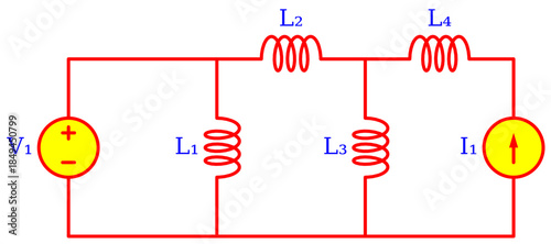 inductive Ladder Network Circuit Diagram with Multiple Inductors, Voltage Source and Current Source – Electrical Engineering Schematic for RL Circuit Analysis, Transient Response and Education
