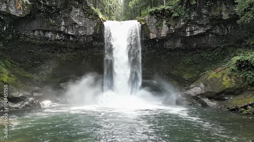 Experience the awe-inspiring majesty of a powerful waterfall cascading with incredible force into a pristine, clear pool. Surrounded by vibrant, lush green foliage and ancient, moss-covered rocky clif