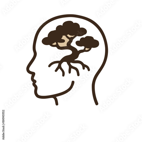 Icon "Mindfulness": a human brain with a serene bonsai tree inside.