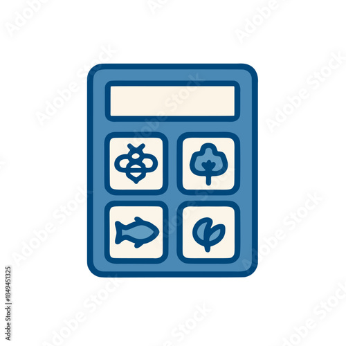 Icon "Biodiversity Accounting" - A calculator with buttons featuring images of a bee, a tree, and a fish.