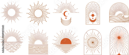 Collection of minimalist illustrations depicting celestial bodies and abstract designs in a simple, line-art style.