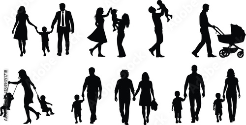 Silhouettes of diverse happy families, including parents walking with children and a baby in a stroller, symbolizing strong family bonds, parental love, and shared joyful moments in vector art.