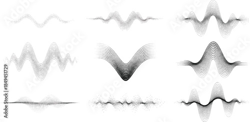 Abstract sound wave visualizations showing varying frequencies and amplitudes, displayed as a grid of nine distinct graphic elements