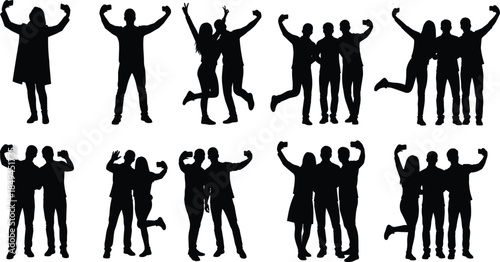 Silhouettes of diverse happy friends celebrating success and unity, raising arms in victory, symbolizing friendship, triumph, joyful achievement, and positive youthful energy in vector format.