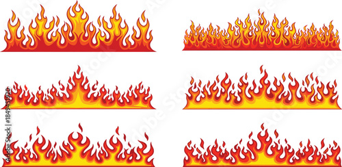 Fiery flames and hot glowing embers in a vibrant, energetic, and dynamic artistic representation of fire in various styles and sizes