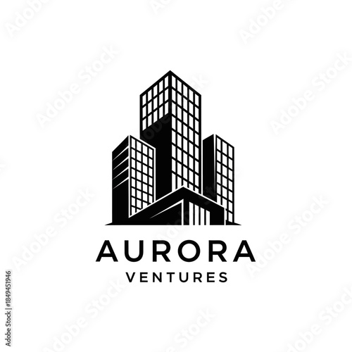 Modern urban architecture logo for Aurora Ventures with three towering buildings.
