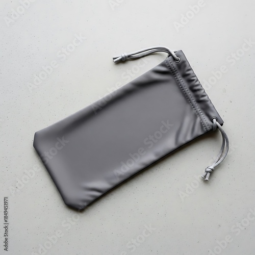 Minimalist gray drawstring pouch laying on a textured surface flat lay