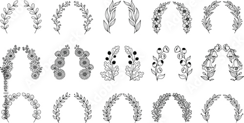 A collection of floral wreaths and illustrations featuring leaves and flowers in a minimalist black and white style.
