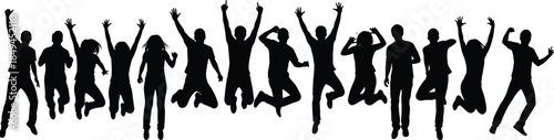 Silhouettes of diverse people jumping together, expressing joy, energy, celebration, freedom, unity, teamwork, dynamic movement, active lifestyle, group happiness