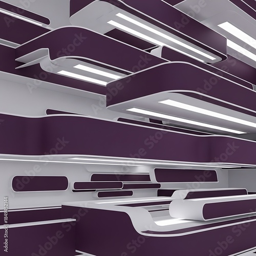 Modern Architecture with Geometric Plum and White Panels Luminescent Lines