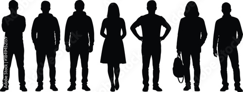 Silhouettes of diverse people standing together, fashion poses, casual and formal attire, unity, diversity, minimal vector illustration, black background