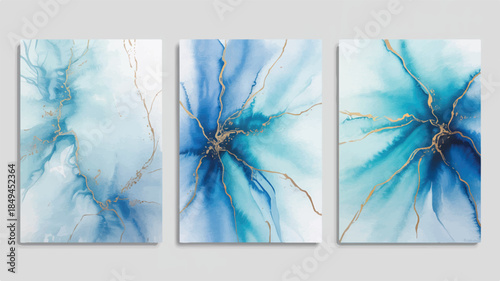 A triptych of abstract blue artworks with gold accents on a clean background from a frontal viewpoint