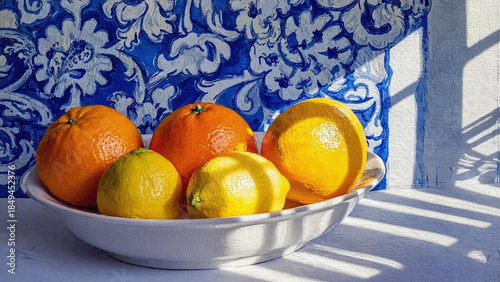 fresh oranges and lemon in a ceramic bowl with creative wall background illustration.ai 