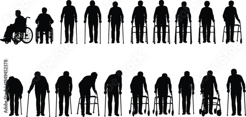 Silhouettes of Elderly Men with Canes, Walkers, and Wheelchairs, Illustrating Aging Process, Mobility Challenges, Disability, Healthcare Needs, and Senior Living Concepts.