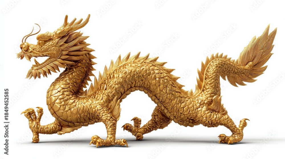 Obraz premium A majestic golden dragon sculpture with intricate details, showcasing its powerful form and mythical features.