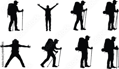 Hiking silhouette, trekking vector, outdoor activity, backpacker pose, walking stick, mountain adventure, black and white, hiking illustration, trail concept
