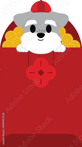Cute Schnauzer Dog in Festive Red Envelope with Gold Coins