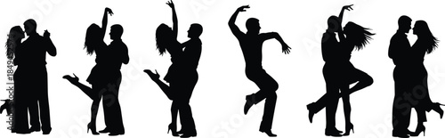Silhouettes of multiple romantic couples dancing passionately, performing various elegant and energetic dance moves, perfect for showcasing romance, party, love, and professional dancing concepts.