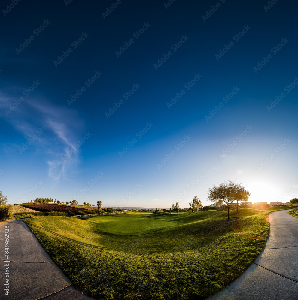 Obraz premium Sunrise at the golf course with views of the fairway and sidewalk
