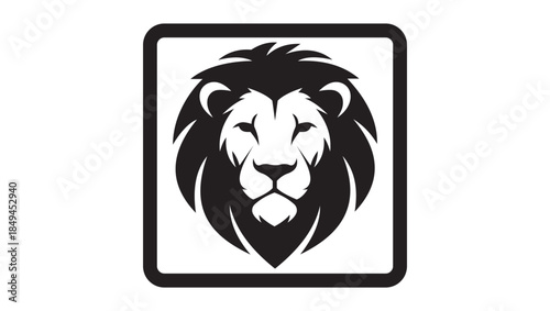 Majestic Lion Head Logo in Square Frame, Classic Black and White Lion Mascot Badge, Professional Vector King Icon