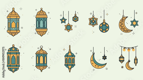 Vibrant Ramadan lanterns and crescent moons with stars