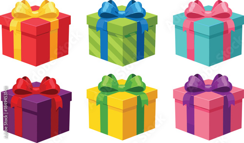 Bright colorful gift boxes with ribbons and bows, festive present collection, celebration, birthday, holiday packaging vector illustration set