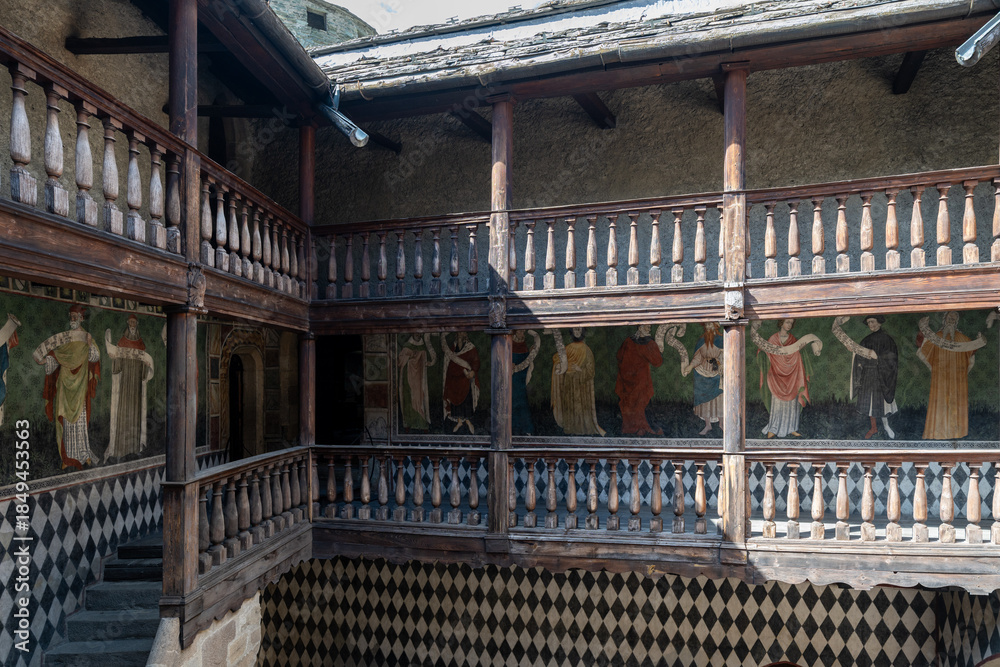 Fototapeta premium Inner courtyard frescoes at Fénis Castle - Fenis, Italy