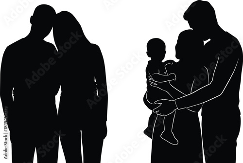 Couple and family silhouette with parents holding baby isolated black vector illustration expressing love bonding parenting relationship concept