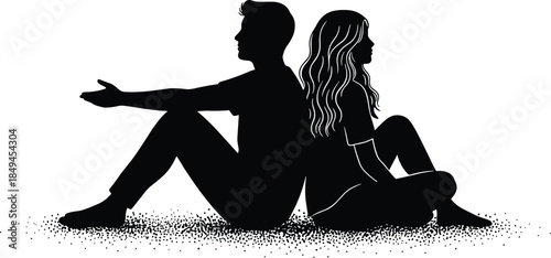 Couple silhouette illustration sitting back to back expressing emotional distance relationship conflict separation sadness reflection modern love concept design
