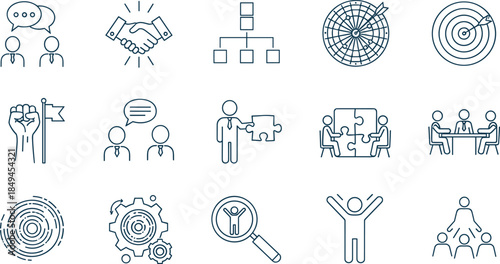 Business communication and teamwork icons collection illustrating leadership, strategy, motivation, collaboration, target achievement, organizational structure, problem solving, meeting discussion