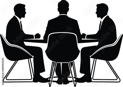 Business meeting silhouettes, corporate discussion scene, three executives negotiating at table, professional teamwork illustration, office collaboration concept for business communication projects