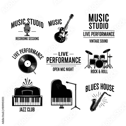 Collection of vintage music logos and emblems for live performance.