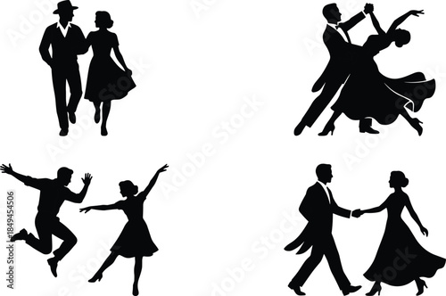 Dancing couple silhouette illustration showing romantic partners performing classic dance moves representing love elegance movement passion relationship vintage style