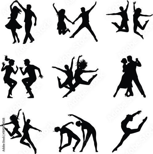 Dynamic dancing people silhouette collection showing energetic couples joyful jumps modern choreography movement isolated black vector illustration for lifestyle concepts